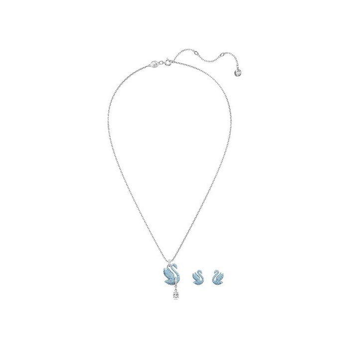 Swarovski Part of the Swan Collection Women's Rhodium Finished Swan Motif with Blue Pavé and Clear Stones Swan Earring and Necklace Set - 5660597