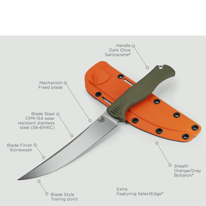 Benchmade CPM-154 Trailing Point Blade Dark Olive Santoprene Handle Orange Gray Boltaron Sheath Knife - BM-15500-04
