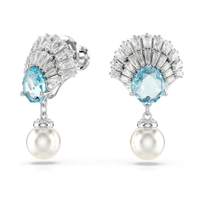 Swarovski Women's Shell Motif With Blue Crystals Clear Stones And Crystal Pearls In A Rhodium-Finished Setting Idyllia Drop Earrings - 5680301