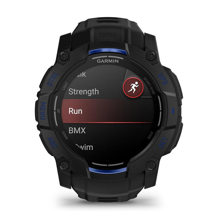 Garmin Instinct® 3 – 50 mm Unisex Black With Black/Bolt Blue Silicone Band Built-in Flashlight Supernova Collection Limited Edition Color AMOLED Display Rugged Outdoor GPS Smartwatch - 010-03020-03