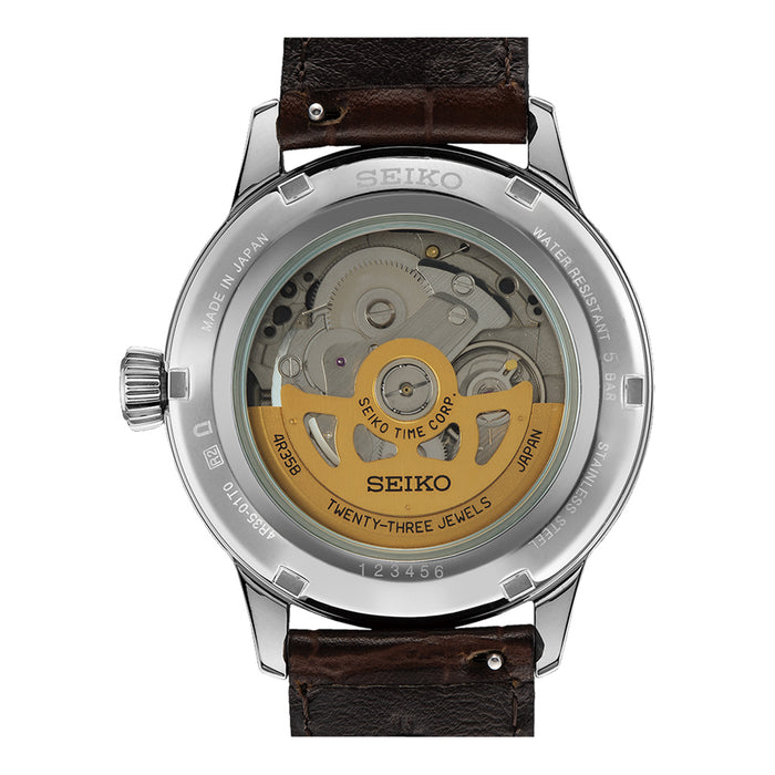 Seiko Men's Blue Sunray Dial Brown Leather Band Presage Cocktail Time Automatic Analog Watch - SRPK15