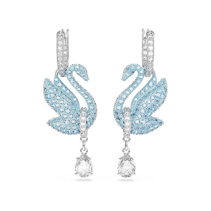Swarovski Women's Rhodium Finished Swan Motif with Blue Pavé and Clear Stones Swan Drop Earrings - 5660593