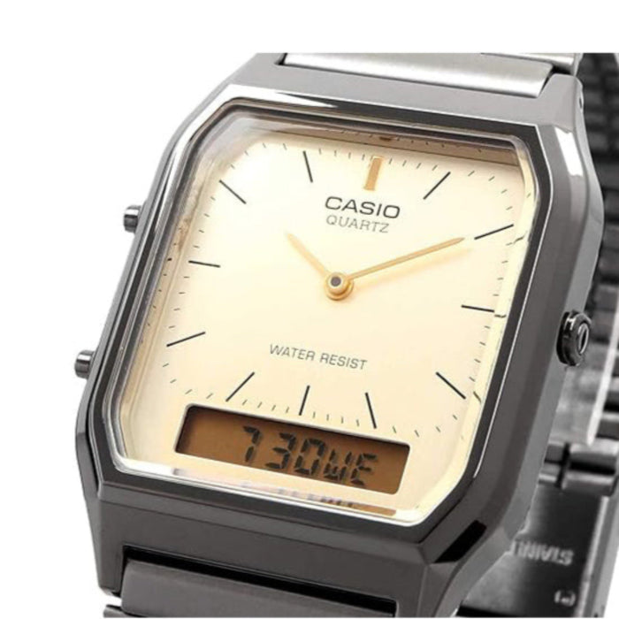 Casio Unisex Light Gold Dial Metallic Gray Stainless Steel Band Analog-Digital Quartz Wristwatch - AQ-230GG-9ADF