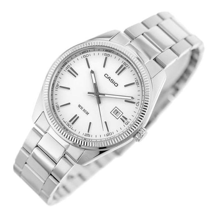 Casio Men's White Dial Silver Stainless Steel Band Analog Japanese Quartz Watch - MTP-1302D-7A1VDF