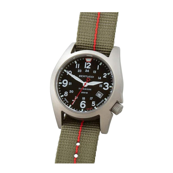Bertucci Men's Black Dial Defender Drab™ with Red Pro-Stripe™ Nylon Band Analog Solar 41 MM Titanium Field Watch - 12902