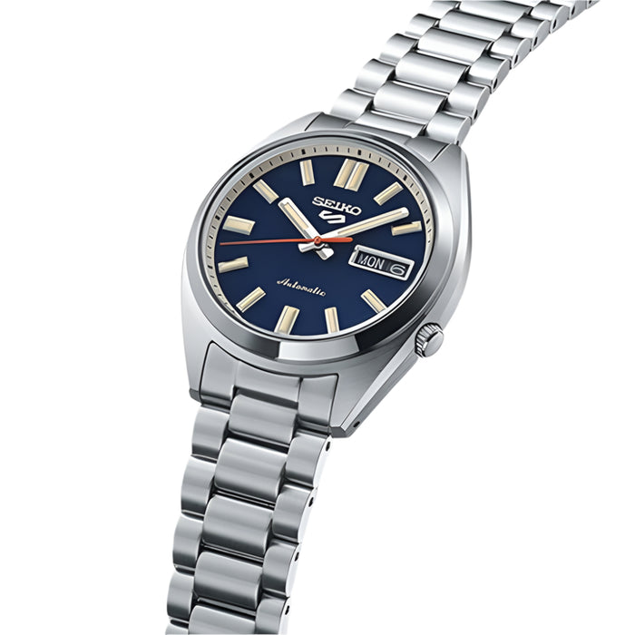 Seiko Men's Blue Dial Silver Stainless Steel Band Analog Automatic 5 Sports Watch - SRPK87