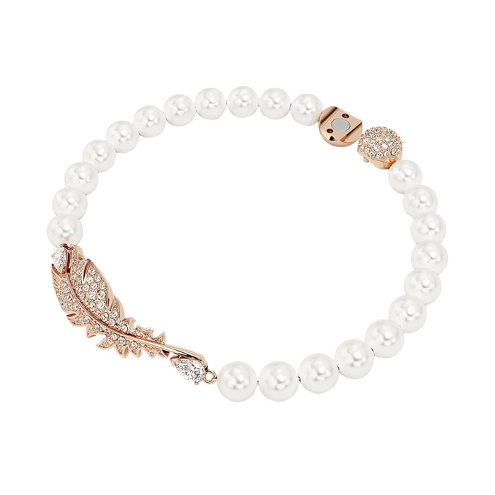 Swarovski Women's Rose Gold-Tone Finished Feather Motif with Pink Pavé and Clear Stones Small Size Nice Pearl Bracelet - 5663480