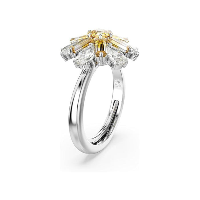 Swarovski Women's Flower Motif with Yellow and Clear Mixed-Cut Crystals in a Rhodium-Finished Setting Ring Size 7-9 Idyllia Cocktail Ring - 5689088