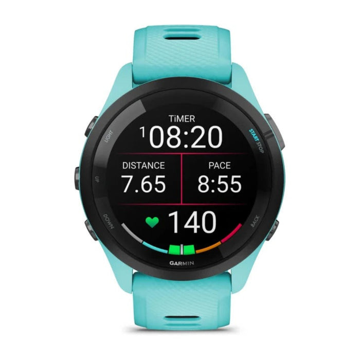 Garmin Forerunner 265 Aqua and Black Silicone Band Colorful AMOLED Display Training Metrics and Recovery Insights Running Smartwatch - 010-02810-02