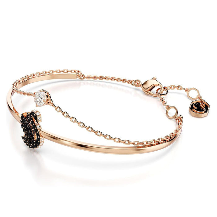 Swarovski Women's Black Pavé Crystals And Clear Round-Cut Stone In A Rose Gold-Tone Finished Setting Size S Swan Bangle Bracelet - 5688248