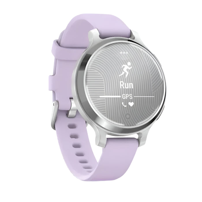 Garmin Lily 2 Active Women's Silver With Purple Jasmine Silicone Band Built-in GPS Hidden Display Patterned Lens Up To 9 Days Battery Life Small and Stylish Smartwatch - 010-02891-01