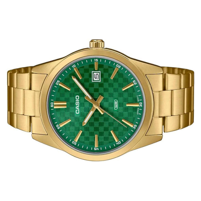 Casio Men's Green Dial Gold Stainless Steel Band Analog Japanese Quartz Watch - MTP-VD03G-3AUDF