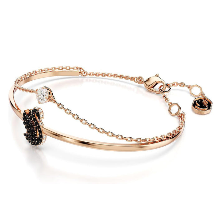 Swarovski Women's Black Pavé Crystals And Clear Round-Cut Stone In A Rose Gold-Tone Finished Setting Size M Swan Bangle Bracelet - 5678048