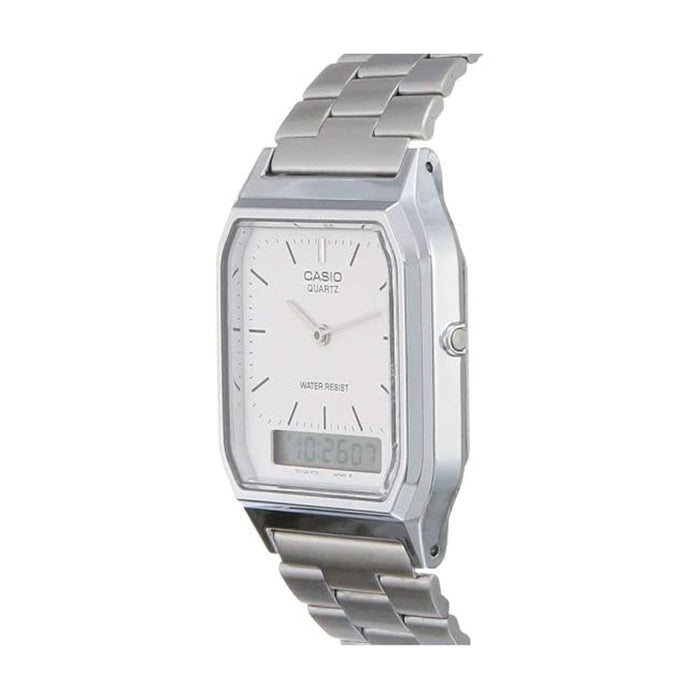 Casio Men's White Dial Silver Stainless Steel Band Digital Quartz Watch - AQ-230A-7DMQ-M
