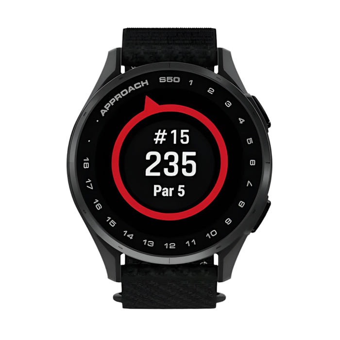 Garmin Approach® S50 Unisex Slate Aluminum Bezel with Black ComfortFit Nylon Band Amoled Display On-Course Features Wrist-Based Heart Rate Advanced Golf GPS Smartwatch - 010-03010-00