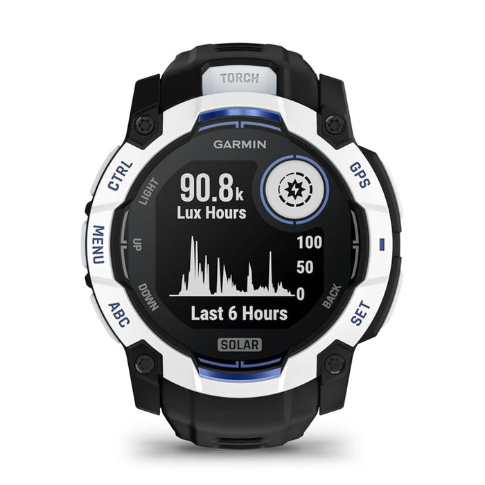 Garmin Instinct® 3 – 50 mm Unisex Whitestone With Black/Bolt Blue Silicone Band Built-in Flashlight Supernova Collection Limited Edition Color Solar Rugged Outdoor GPS Smartwatch - 010-02935-03