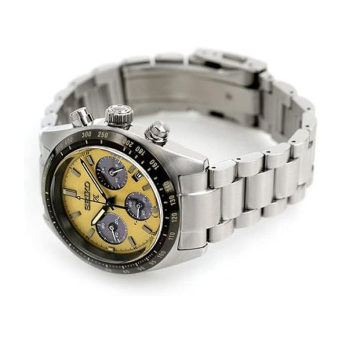 Seiko Men's Gold Dial Silver Stainless Steel Band Analog Speedtimer Solar Chronograph Watch - SSC817