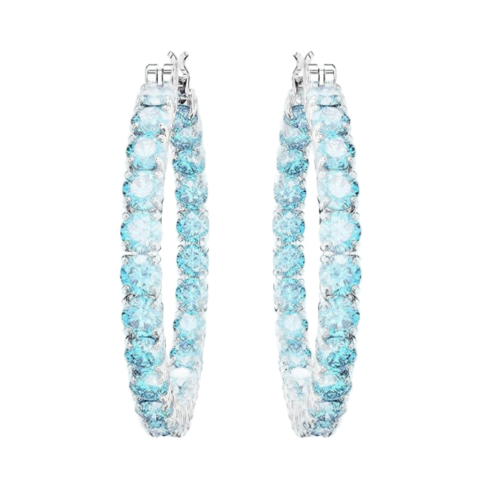 Swarovski Women's Round Cool Blue Crystals on Rhodium Finished Settings Matrix Hoop Earrings - 5647446