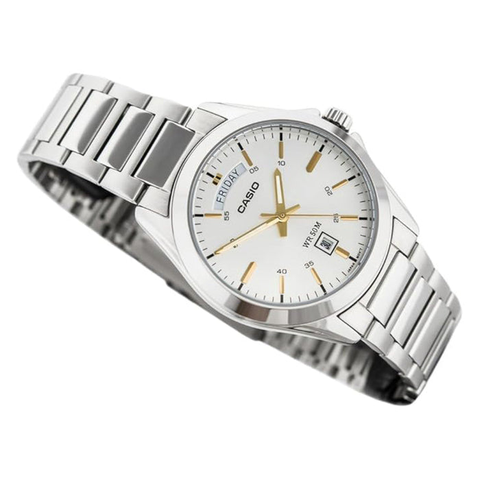 Casio Men's White Dial Silver Stainless Steel Band Analog Quartz Watch - MTP-1370D-7A2VDF