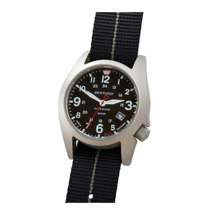 Bertucci Men's Black Dial Black With Olive Pro-Stripe™ Nylon Band Analog Solar 41 MM Titanium Field Watch - 12900