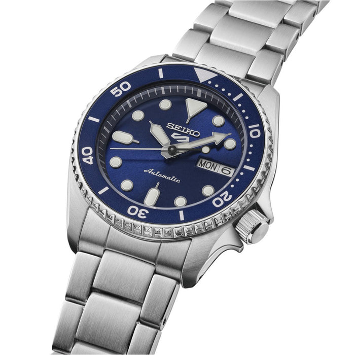 Seiko 5 Sports Men's Blue Dial Silver Stainless Steel Band Analog Automatic Watch - SRPL77