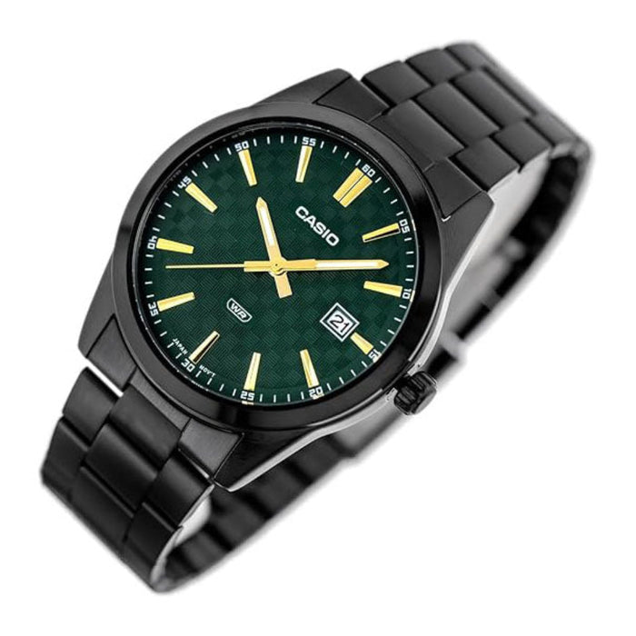 Casio Men's Green Dial Black Stainless Steel Band Analog Japanese Quartz Watch - MTP-VD03B-3AUDF