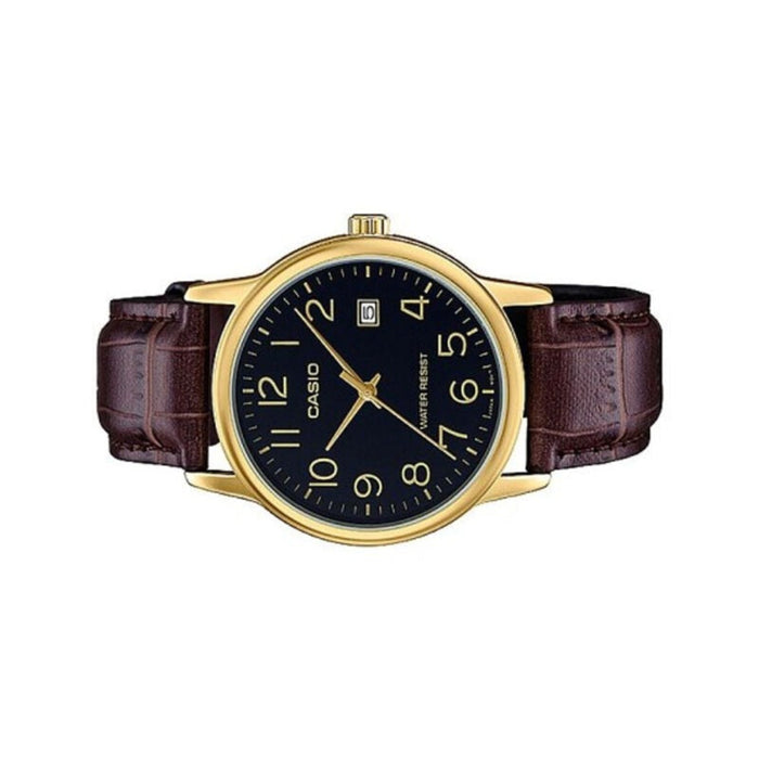 Casio Men's Black Dial Brown Leather Band Analog Quartz Watch - MTP-V002GL-1BUDF