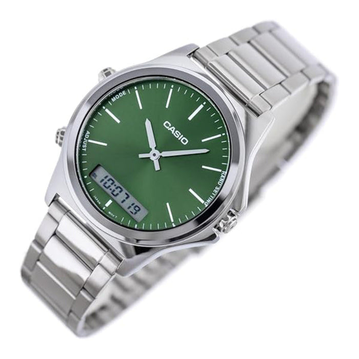 Casio Men's Green Dial Silver Stainless Steel Band Analog Japanese Quartz Watch - MTP-VC01D-3EUDF