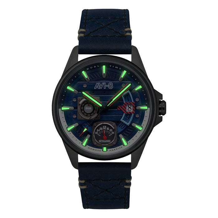 AVI-8 Men's Blue Dial Leather Band Hawker Harrier Farley Multifunction Quartz Watch - AV-4098-03