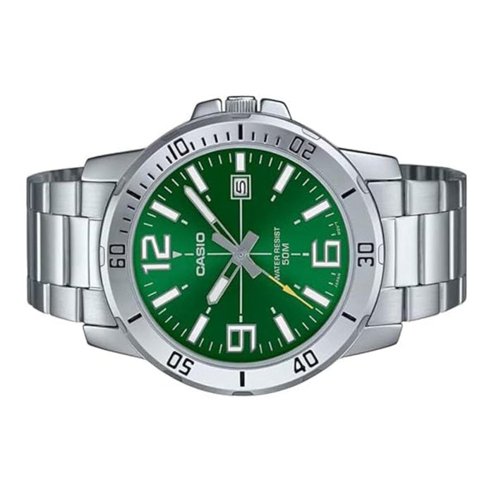 Casio Men's Green Dial Silver Stainless Steel Band Analog Japanese Quartz Watch - MTP-VD01D-3BVUDF