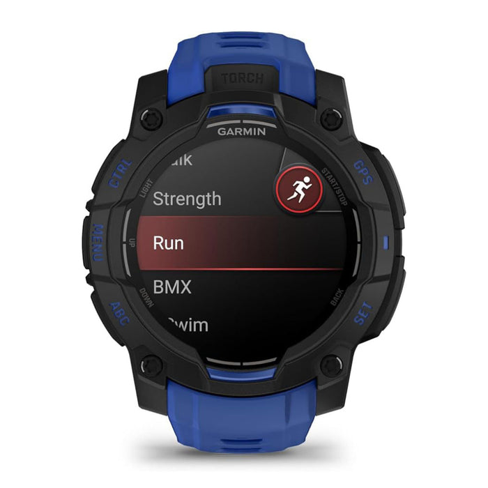 Garmin Instinct® 3 – 45 mm Unisex Black With Bolt Blue/Black Silicone Band Built-in Flashlight Supernova Collection Limited Edition Color AMOLED Display Rugged Outdoor GPS Smartwatch - 010-02936-03