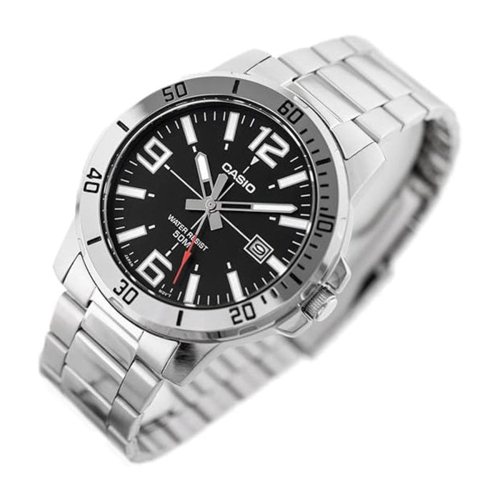 Casio Men's Black Dial Silver Stainless Steel Band Analog Japanese Quartz Watch - MTP-VD01D-1BVUDF