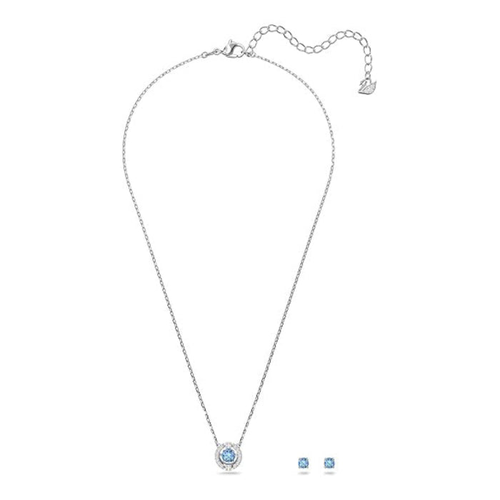 Swarovski Women's Blue Crystals On A Rhodium Plated Setting Una Round Pendant Necklace And Stud Pierced Earrings Set - 5480485