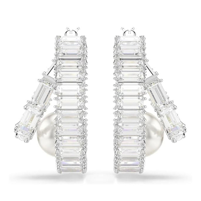 Swarovski Women's Clear Crystal & Pearls Rhodium Finish Pierced Earrings Hoops - 5720868