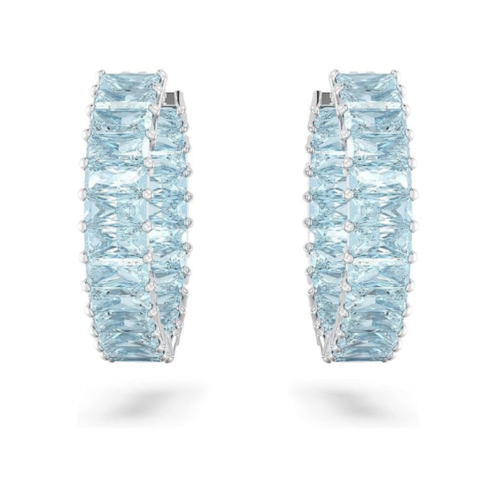 Swarovski Part of the Matrix Collection Women's Princess Cut Blue Crystals on Rhodium Finished Setting Matrix Hoop Earrings - 5659037