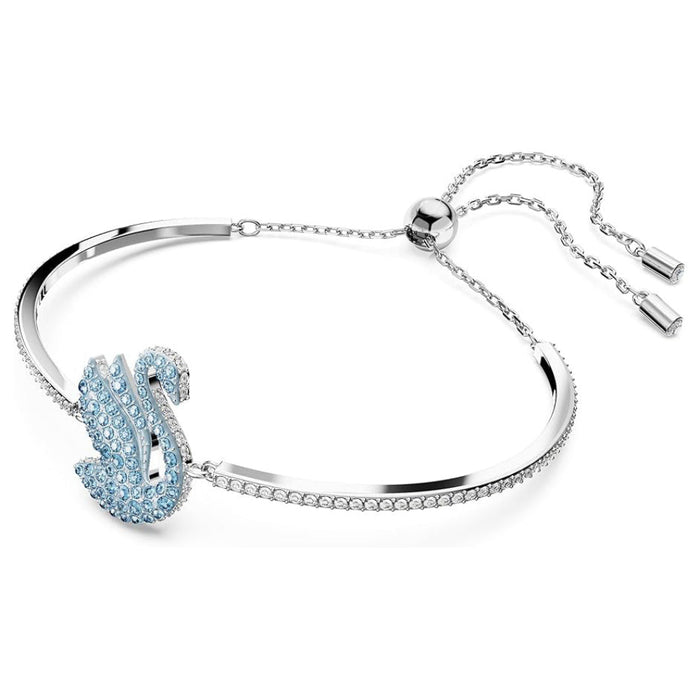 Swarovski Women's Rhodium Finished Swan Motif with Blue Pavé and Clear Stones Iconic Swan Bangle Bracelet - 5660595