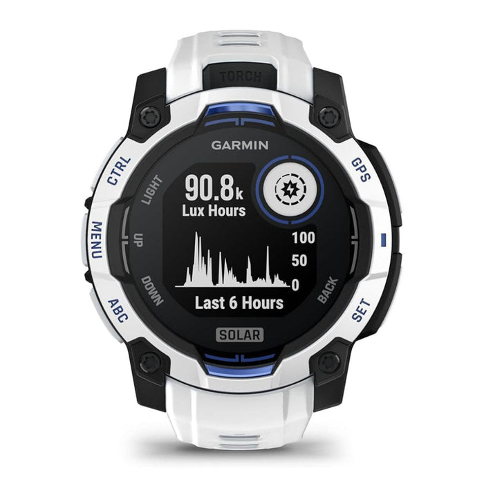 Garmin Instinct® 3 – 45 mm Unisex Whitestone With Whitestone/Bolt Blue Silicone Band Built-in Flashlight Supernova Collection Limited Edition Color Solar Rugged Outdoor GPS Smartwatch - 010-02934-03