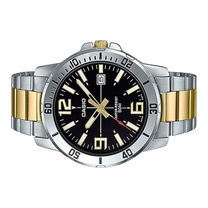 Casio Men's Black Dial Gold And Silver Stainless Steel Band Analog Japanese Quartz Watch - MTP-VD01SG-1BVUDF