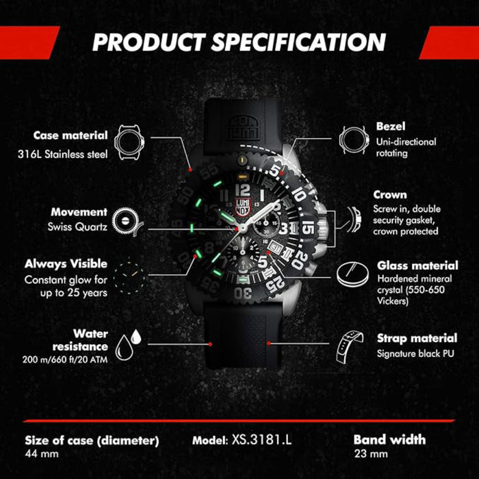 Luminox Navy Seal Steel Colormark Chronograph 3180 Black PU Band Black Dial Quartz Analog Watch - XS.3181.L