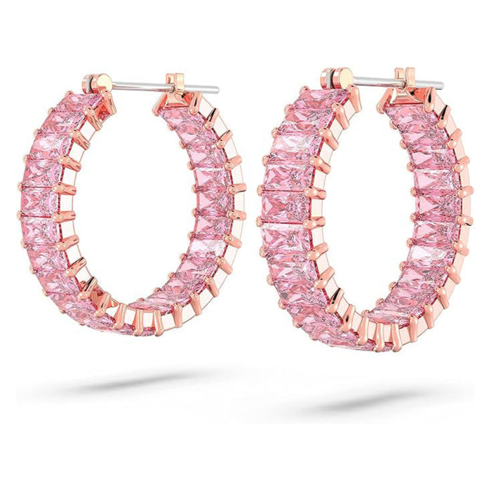 Swarovski Part of the Matrix Collection Women's Pink Baguette-Cut Crystals on Rose Gold-Tone Finished Settings Matrix Hoop Earrings - 5657726