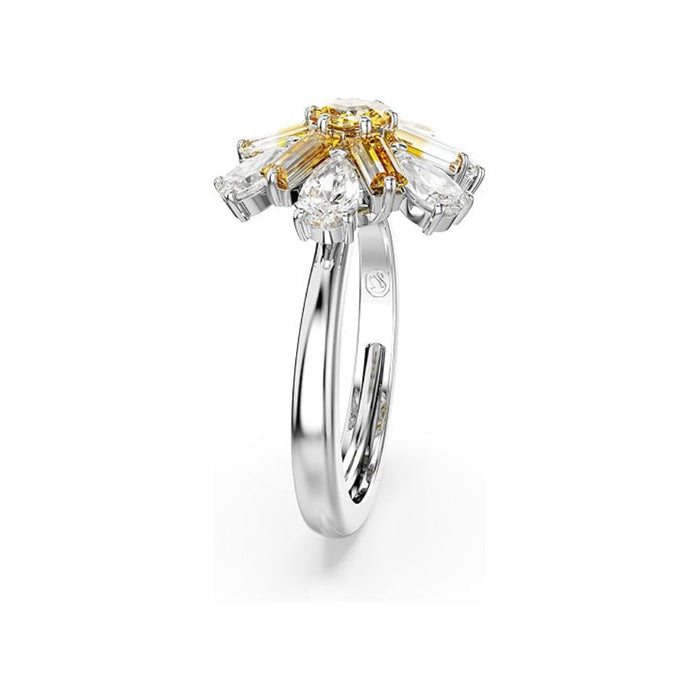 Swarovski Women's Flower Motif With Yellow And Clear Mixed-Cut Crystals In A Rhodium-Finished Setting Ring Size 5-7 Idyllia Cocktail Ring - 5689087