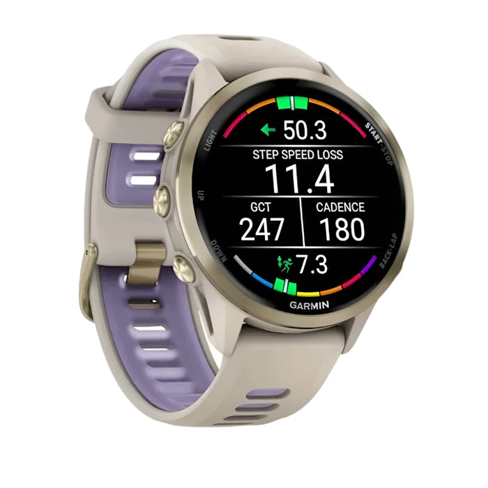 Garmin® Forerunner® 970 Unisex Soft Gold Titanium With French Gray Case And French Gray/Translucent Indigo Band Premium GPS Running And Triathlon Smartwatch - 010-02969-02
