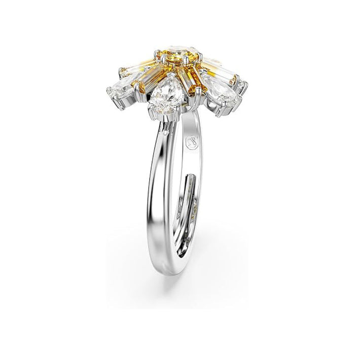 Swarovski Women's Flower Motif with Yellow and Clear Mixed-Cut Crystals in a Rhodium-Finished Setting Ring Size 7-9 Idyllia Cocktail Ring - 5689088