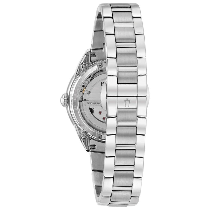 Bulova Ladies White Dial Silver Stainless Steel Band Analog Japanese Automatic Watch - 96P181