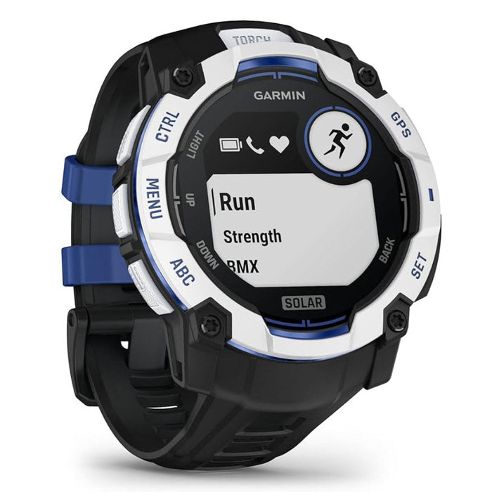 Garmin Instinct® 3 – 50 mm Unisex Whitestone With Black/Bolt Blue Silicone Band Built-in Flashlight Supernova Collection Limited Edition Color Solar Rugged Outdoor GPS Smartwatch - 010-02935-03