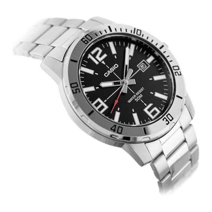 Casio Men's Black Dial Silver Stainless Steel Band Analog Japanese Quartz Watch - MTP-VD01D-1BVUDF