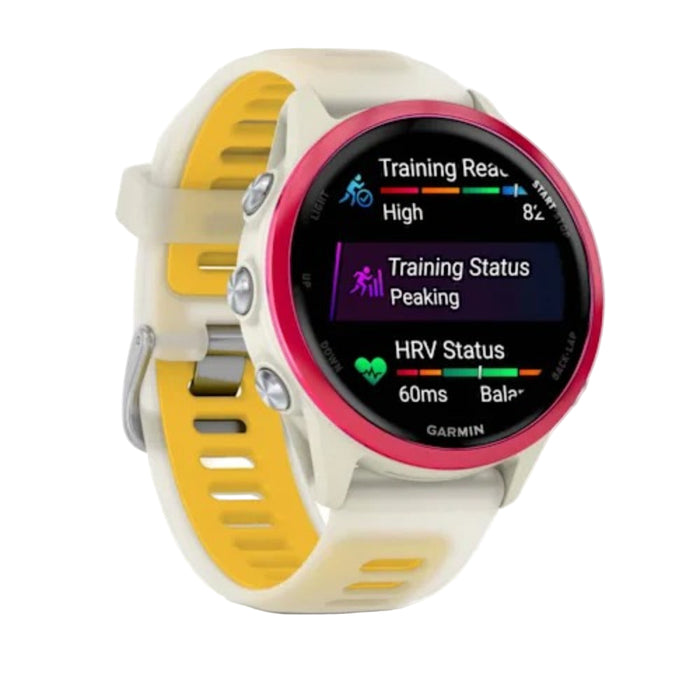 Garmin® Forerunner® 570 42 MM Unisex Raspberry Aluminum With Translucent Bone/Mango Band AMOLED Display Training And Recovery Features Advanced GPS Running And Triathlon Smartwatch - 010-02970-02