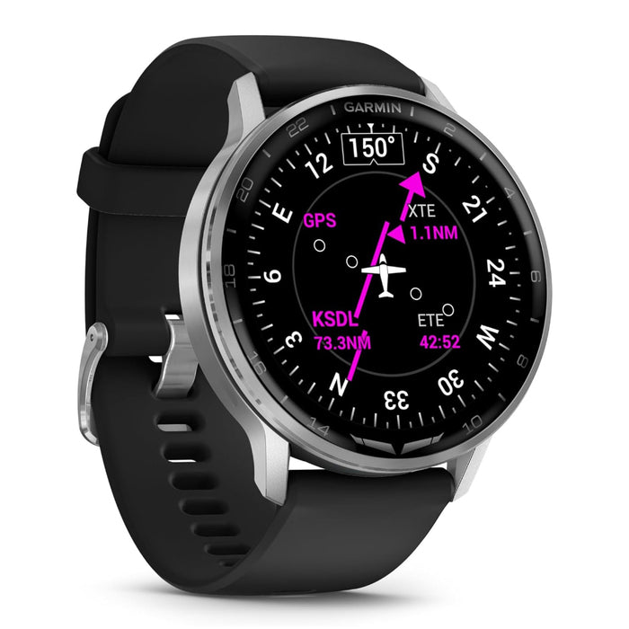 Garmin D2™ Air X15 Unisex Silver With Black Silicone Band LED Flashlight Health And Fitness Features Aviation Weather Built-in Microphone/Speaker Versatile Aviator Smartwatch With GPS - 010-03014-50