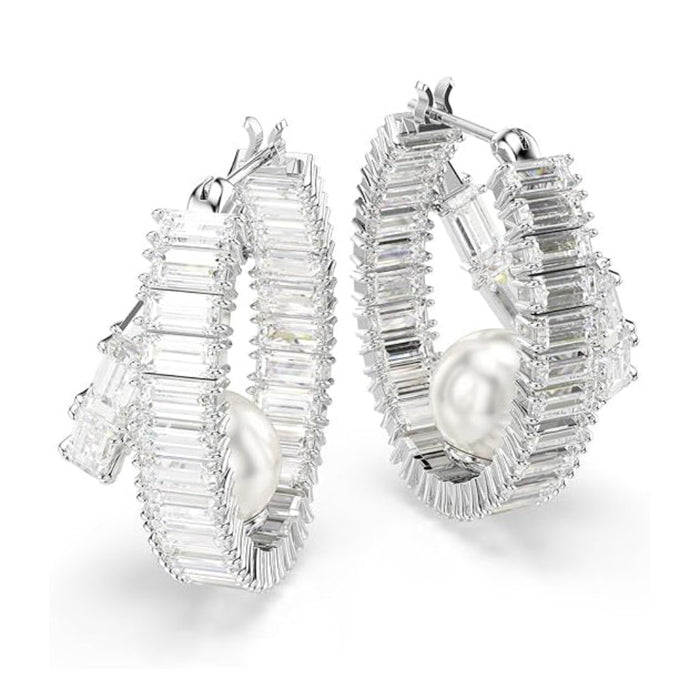 Swarovski Women's Clear Crystal & Pearls Rhodium Finish Pierced Earrings Hoops - 5720868