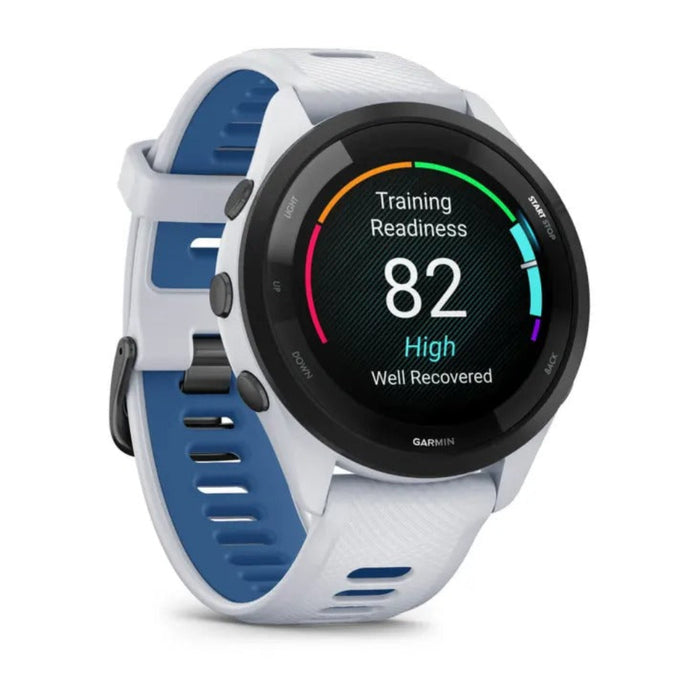 Garmin Forerunner 265 Whitestone Tidal Blue Silicone Band AMOLED Display Training Metrics and Recovery Insights Running Smartwatch - 010-02810-01